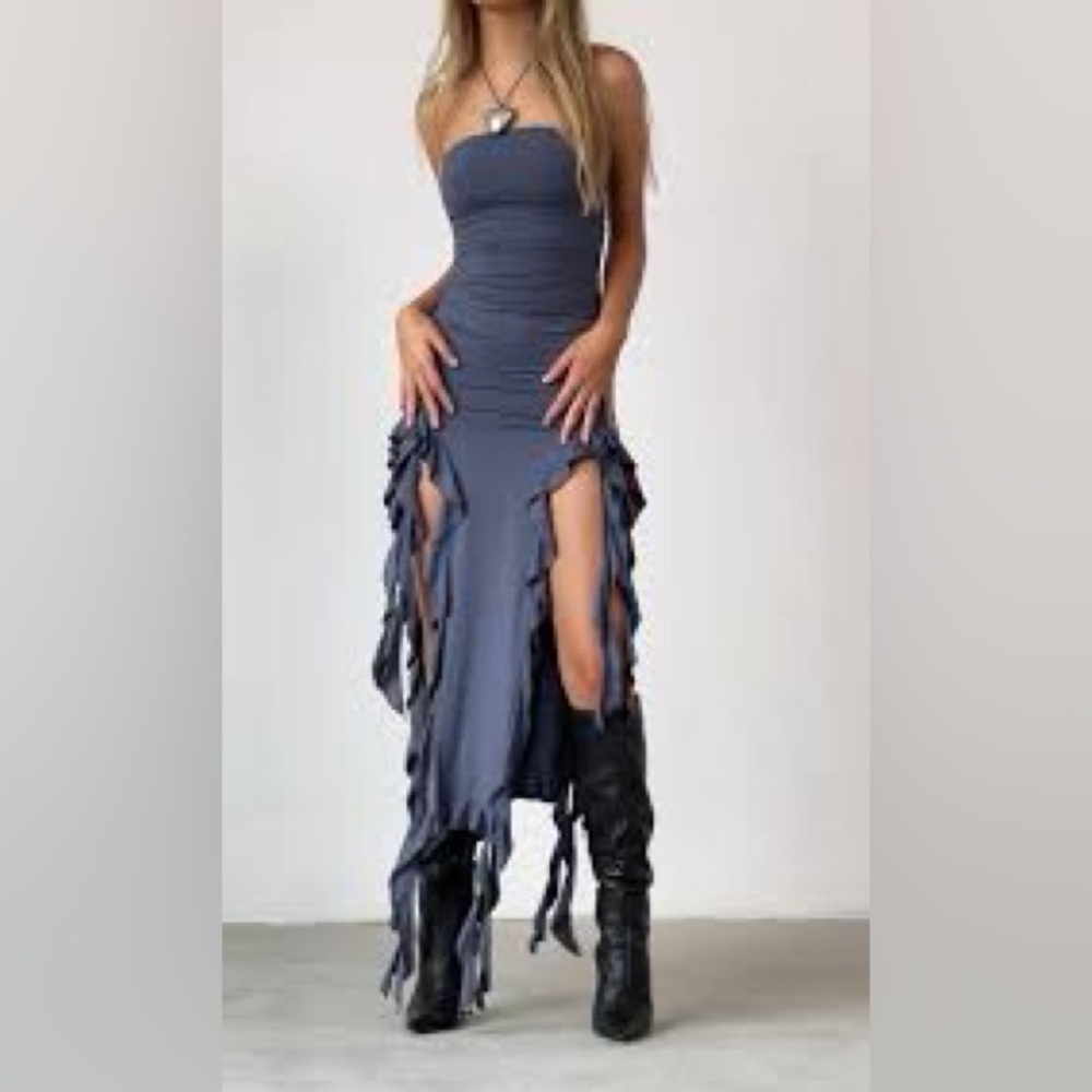New thirty thirty octopus nylon blue purple ruffled midi front slits dress